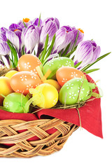 Painted easter eggs in basket and spring flowers