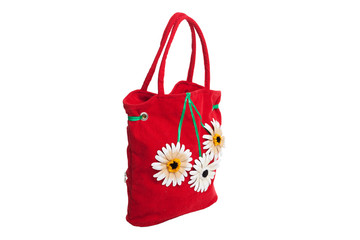 red beach bag with flowers isolated