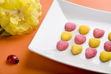 Heart Valentine's candy with ladybug, flower, orange background