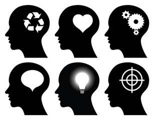 black head profiles with idea symbols,  vector illustrations