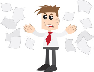 Isolated business man angrily throwing papers