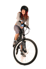 Naklejka premium Woman bicyclist isolated on white.