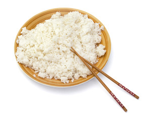 mound of cooked rice in a big yellow bowl