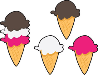 Three flavored ice cream scoops.