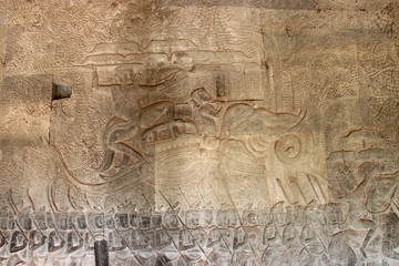 Carvings on wall and terrace of Angkor Wat