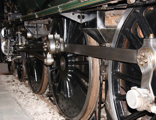 The Wheels of a Large Powerful Steam Train Engine.