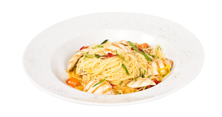 close-up of plate of pasta and chicken