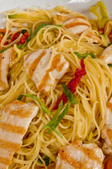 close-up of plate of pasta and chicken