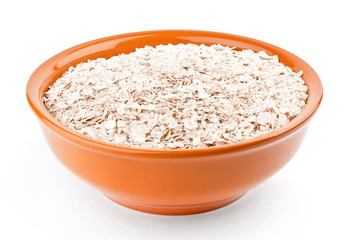 Oat-flakes in bowl on white background