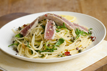 Pasta with tuna steak