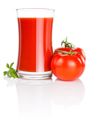 Glass of fresh tomato juice, two tomatoes and leaf parsley Isola