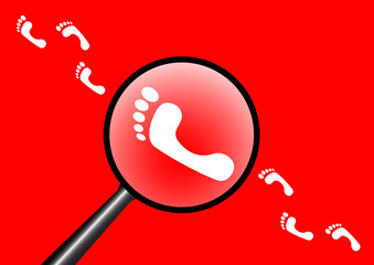 Magnifier and footprints on red background