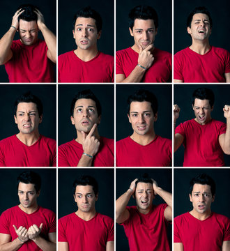 Set of different expressions of the same man.