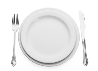 White empty plate with fork and knife isolated on white