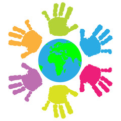 Children hand print around the Earth