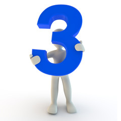 3D Human character holding blue number three