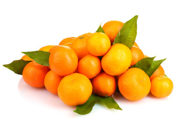 tangerines with leaves isolated on white