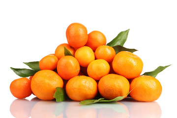 tangerines with leaves isolated on white