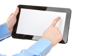 male hands holding a tablet isolated on white