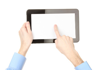 male hands holding a tablet isolated on white