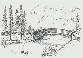Vector landscape of bridge over the river and poplars