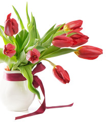 bouquet of the fresh red tulips isolated on white background
