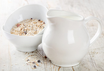 Healthy breakfast - muesli, milk