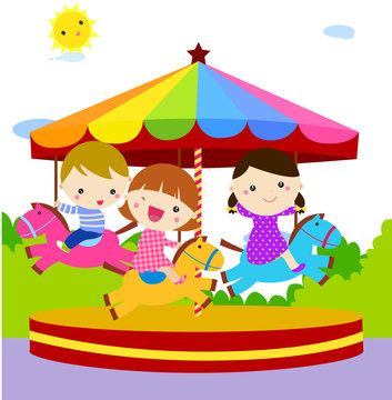 Children having fun at the Merry go round Amusement Park Game cartoon vector illustration
