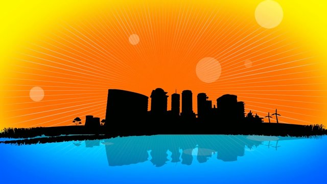 Black city sunset over sea ripple panorama animation