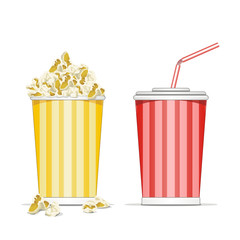 full glasses with drink and popcorn