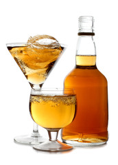Whiskey glasses cups and bottle