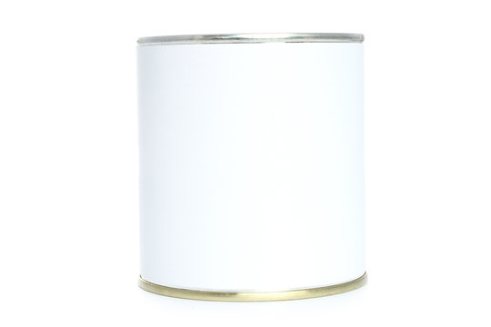 Food tin with white label on white background