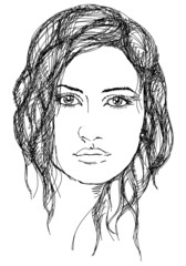 portrait of young nice woman, vector, hand drawing