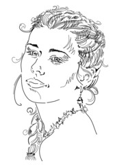 portrait of young nice woman, vector, hand drawing