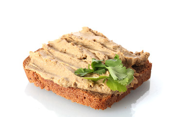 Fresh pate on bread isolated on white