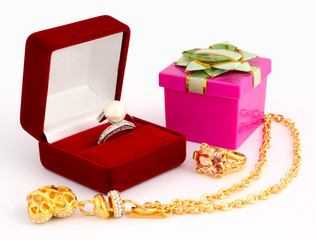 jewellery and gift box on white background