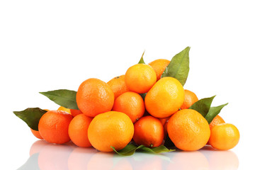 tangerines with leaves isolated on white