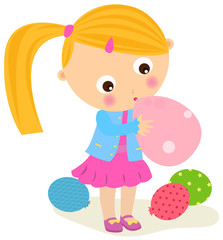 a girl blowing a balloon
