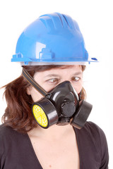 woman with safety protection, gas mask and helmet