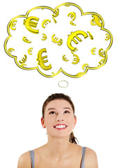 Casual caucasian woman daydreaming about euro (ern or win).