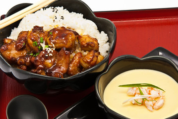 Rice with Chicken Teriyaki and Chinese Steam egg