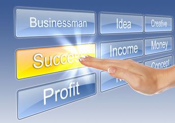 human hand and button with business terms on them