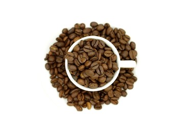 Cup of Coffee Grains on white background