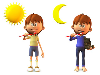 Cartoon boy brushing his teeth in the morning and at night.