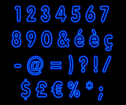 Collection de chiffres et caractères spéciaux, néon bleu sur fond noir