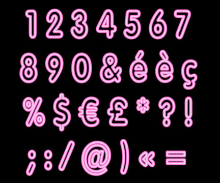 Collection de chiffres et caractères spéciaux, néon rose sur fond noir
