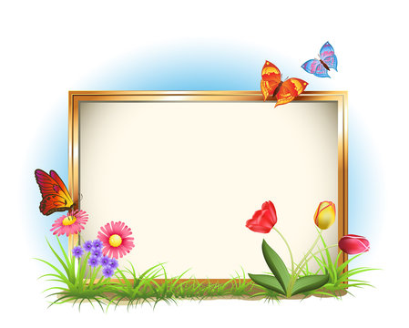 photo frame with spring flowers and butterflies