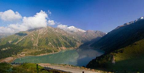 panorama of  Big Almaty Lake in Almaty, Kazakhstan