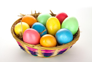 Fototapeta na wymiar eastern eggs in different colours in a basket