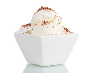 delicious vanilla ice cream with chocolate in bowl isolated